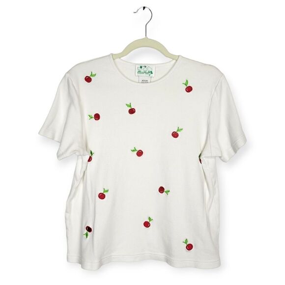 Vintage Quacker Factory Cherry Embroidered White Short Sleeve Tee - Picture 1 of 5